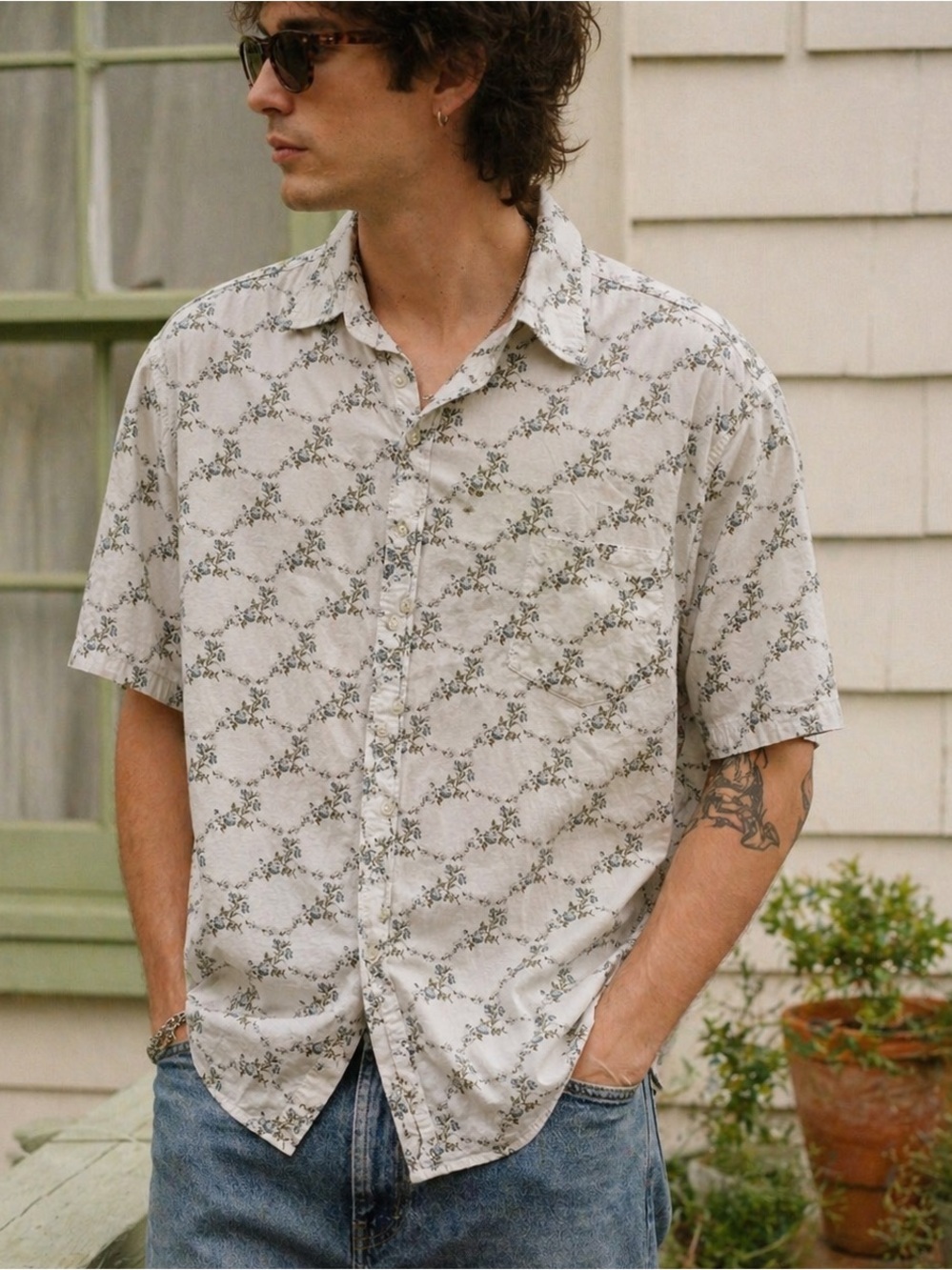 Vintage Floral Button Up Shirt Indie Retro Grunge Mens XL